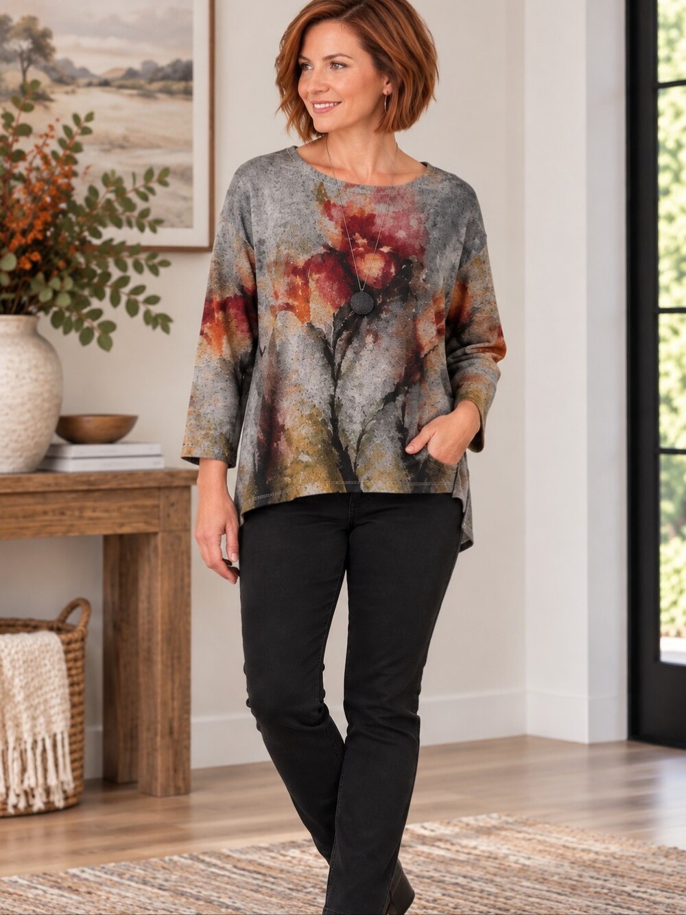 Lily London Lagom Abstract Floral Exposed Seam Textured Knit High Low Top